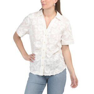 HESTER AND ORCHID Ivory Short Sleeve Button Down Floral Texture Top